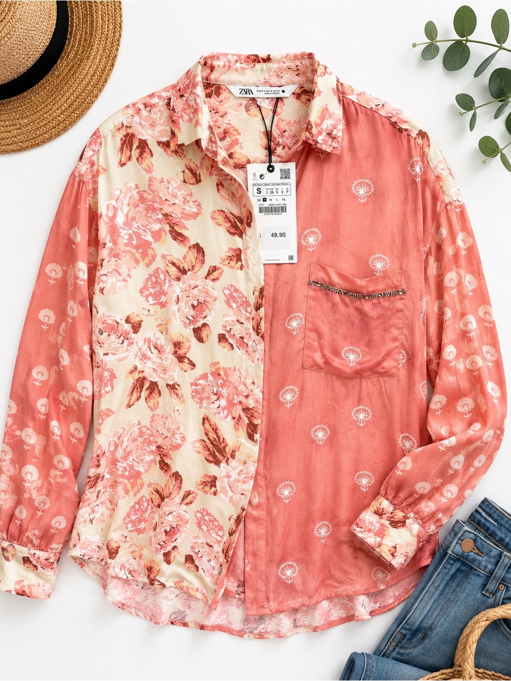 Zara Mixed Print Floral Button-Up Blouse – Size Small